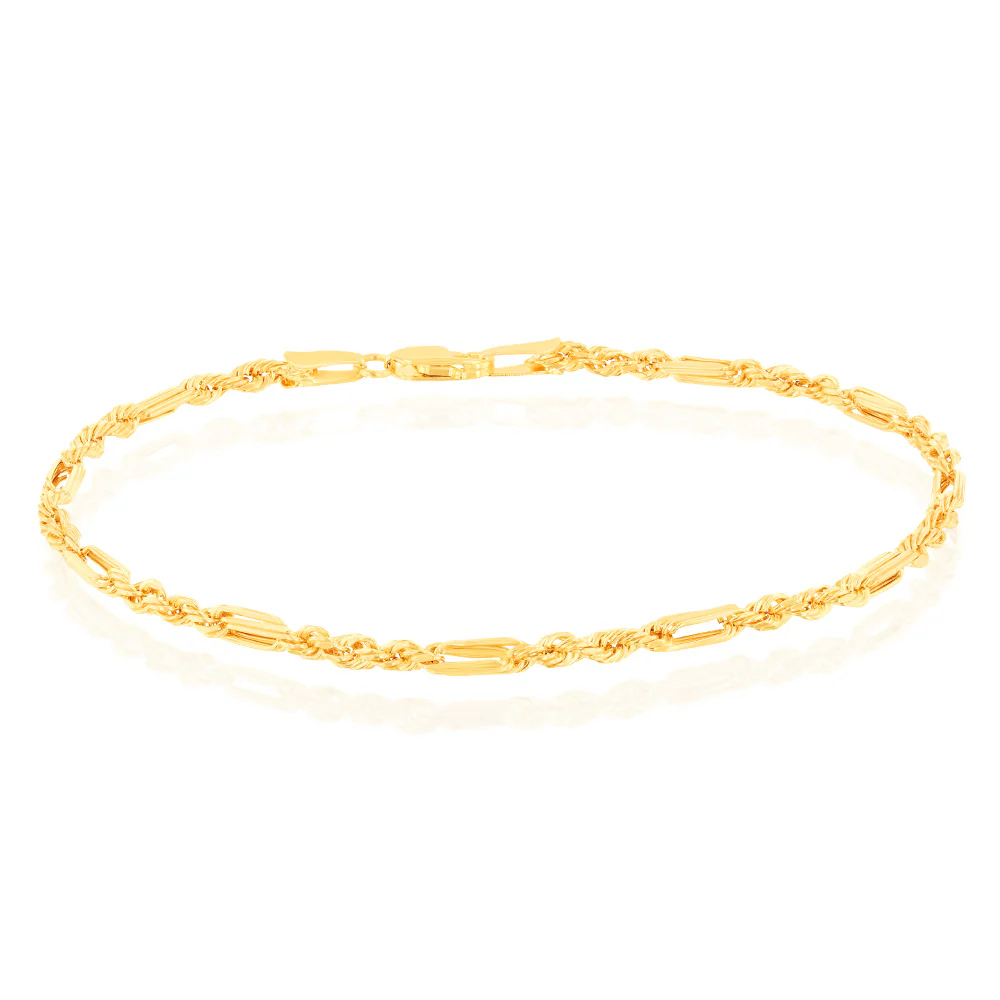 9ct Yellow Gold Hollow Diamond Cut Figarope 18.5cm Bracelet