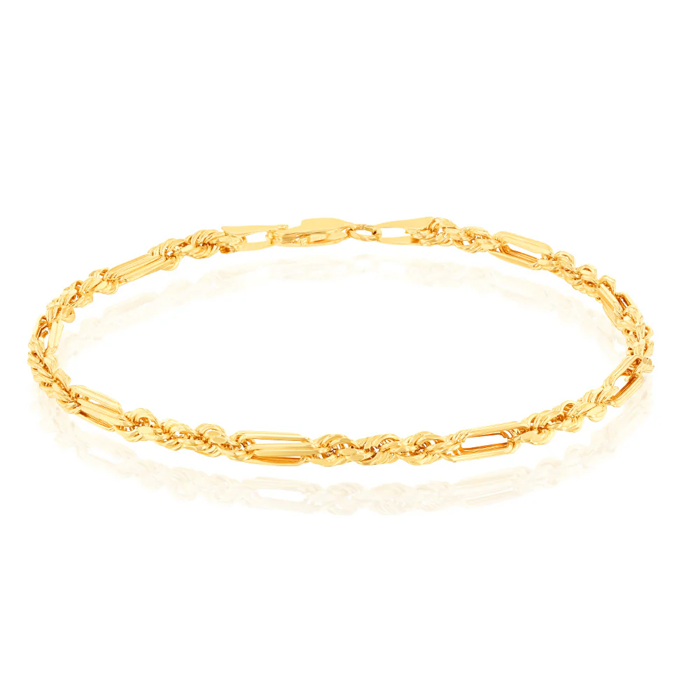 9ct Yellow Gold Hollow Diamond Cut Figarope 18.5cm Bracelet