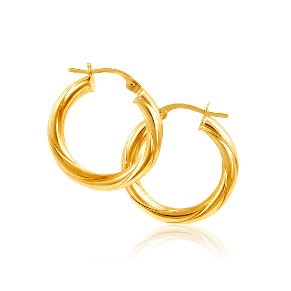 9ct Yellow Gold Hoop Earrings in 15mm with twist