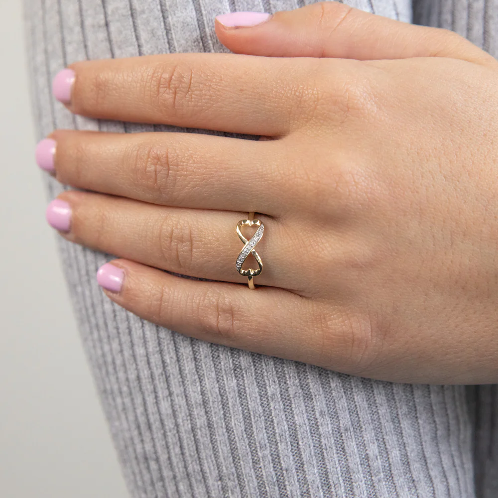 9ct Yellow Gold Infinity Double Heart Diamond Ring Set With 5 Brilliant Cut Diamonds - Image 4