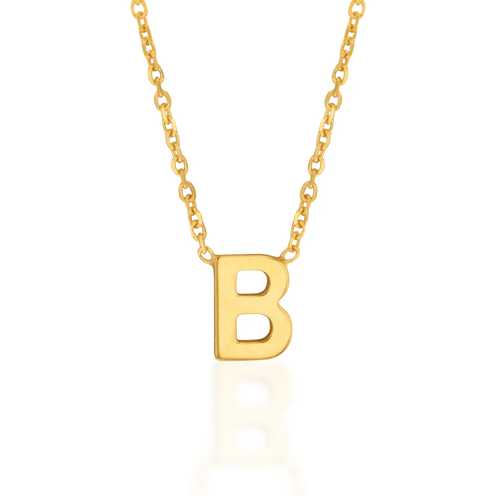 9ct Yellow Gold Initial "B" Pendant on 43cm Chain