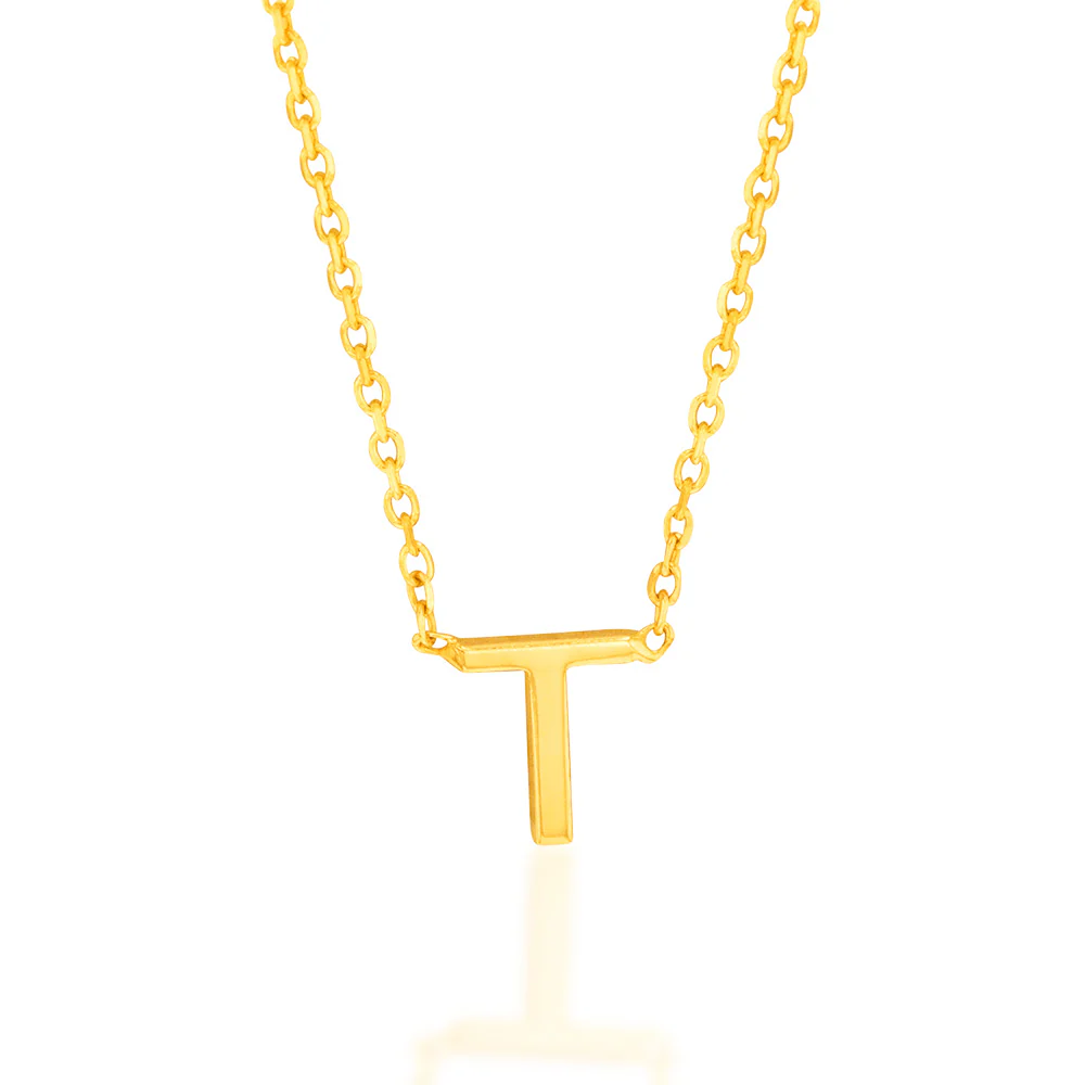 9ct Yellow Gold Initial "T" Pendant On 43cm Chain