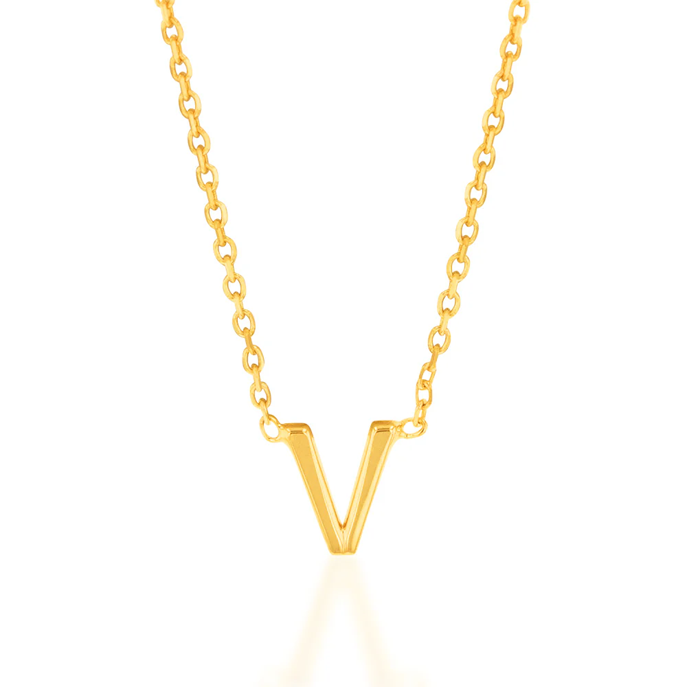 9ct Yellow Gold Initial "V" Pendant on 43cm Chain