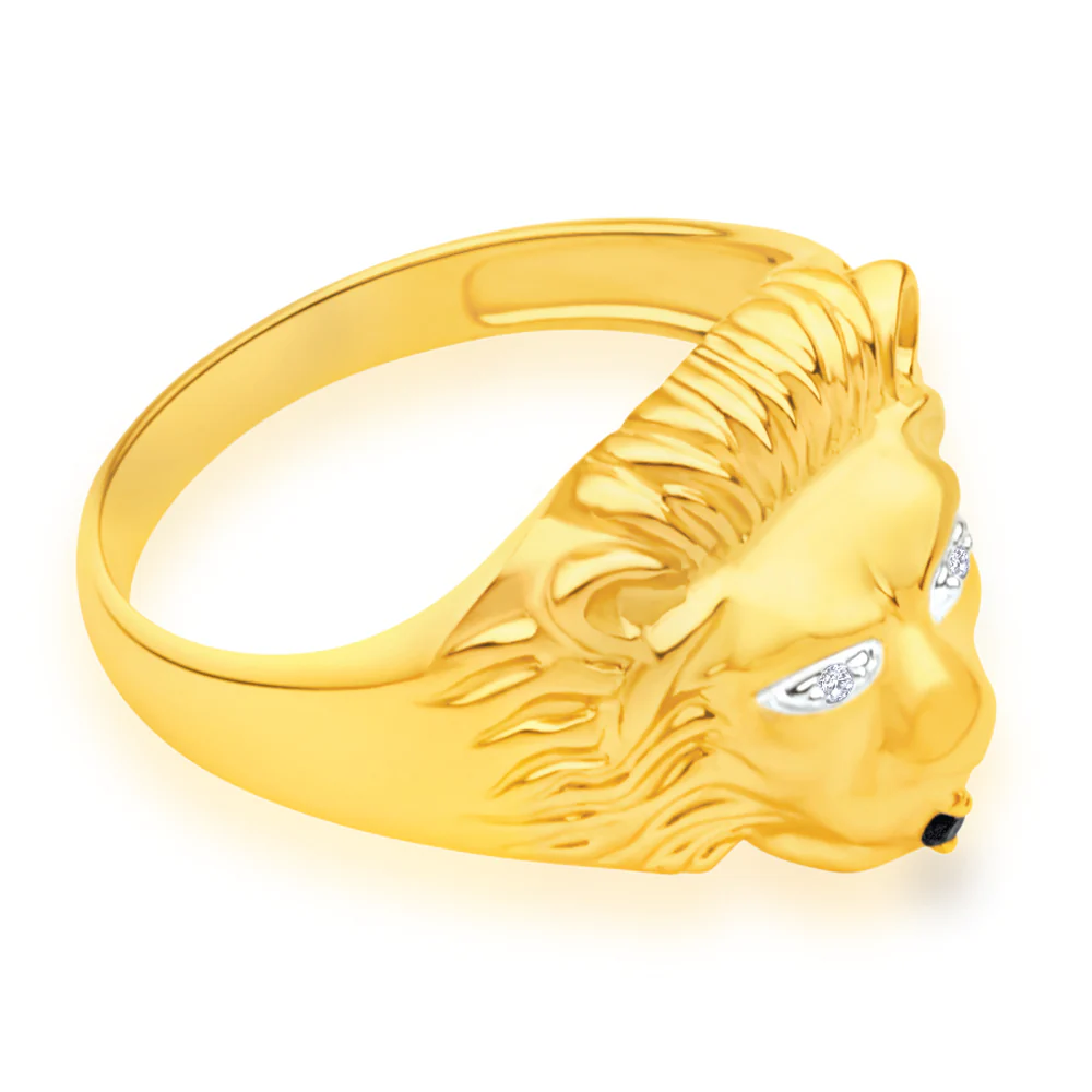 9ct Yellow Gold Lion Head Diamond and Sapphire Gents Ring - Image 2