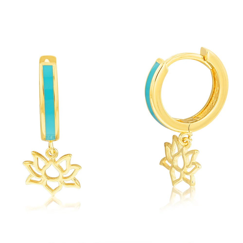 9ct Yellow Gold Lotus On Blue Enamel Sleeper Earrings