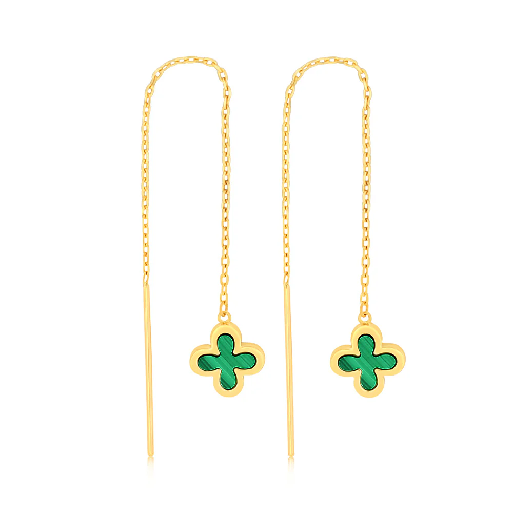 9ct Yellow Gold Malachite Clover Threader Drop Earrings