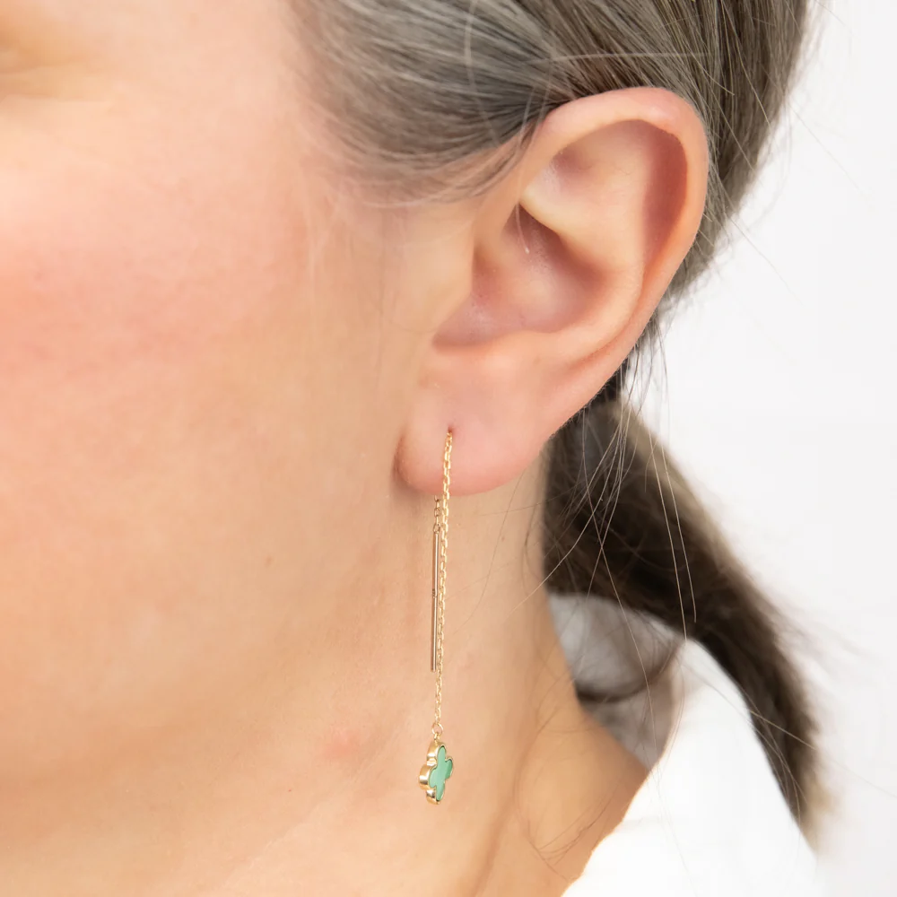 9ct Yellow Gold Malachite Clover Threader Drop Earrings - Image 2