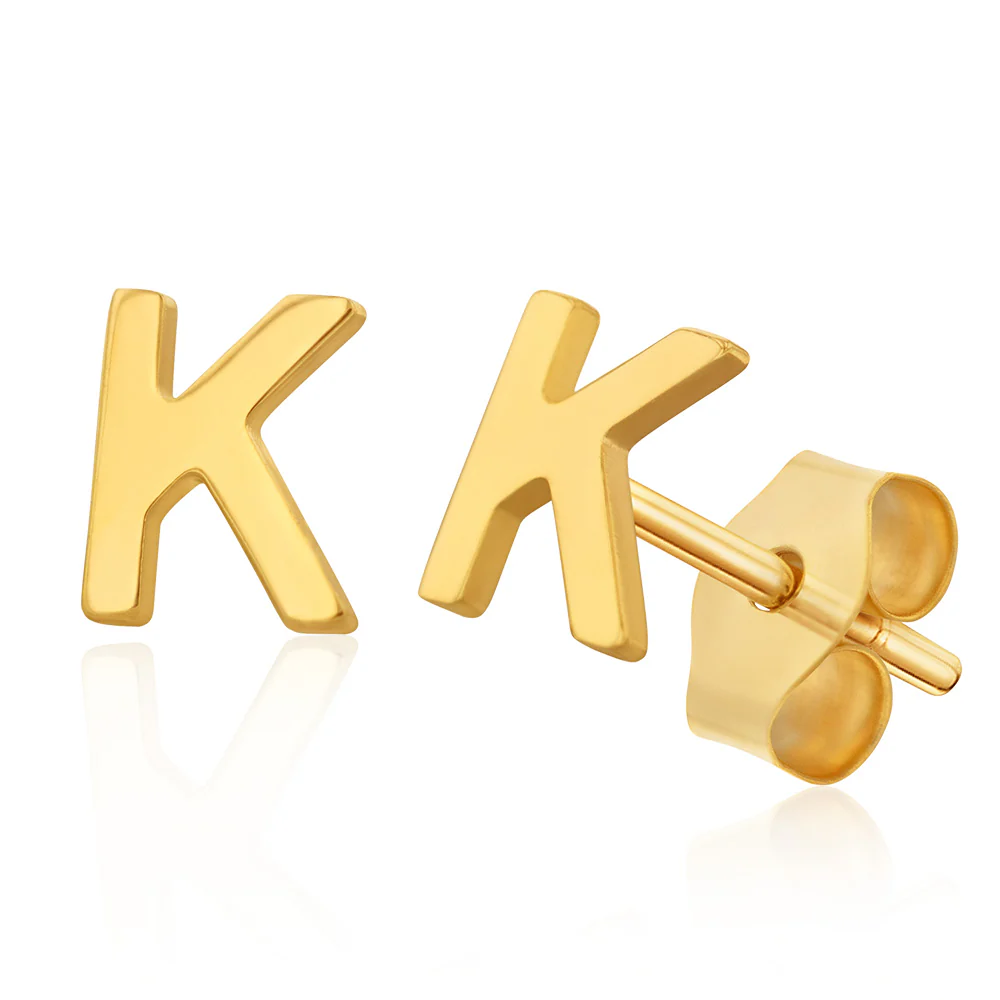 9ct Yellow Gold Mini Initial "K" Stud Earrings