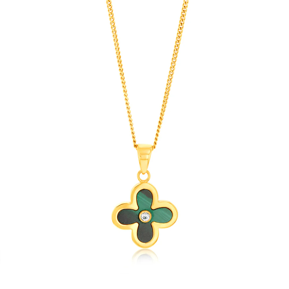 9ct Yellow Gold Natual Malachite 4 Leaf Clover Pendant