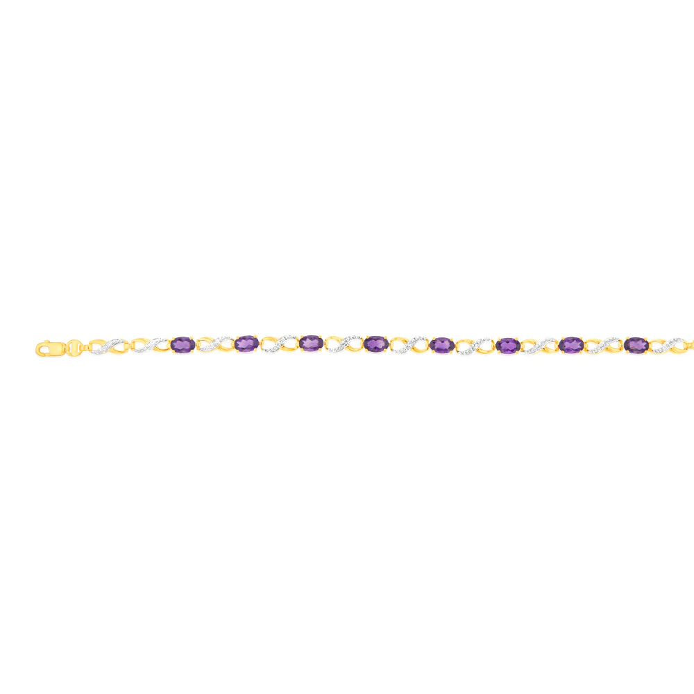 9ct Yellow Gold Natural Amethyst & Diamond Infinity Bracelet - Image 2