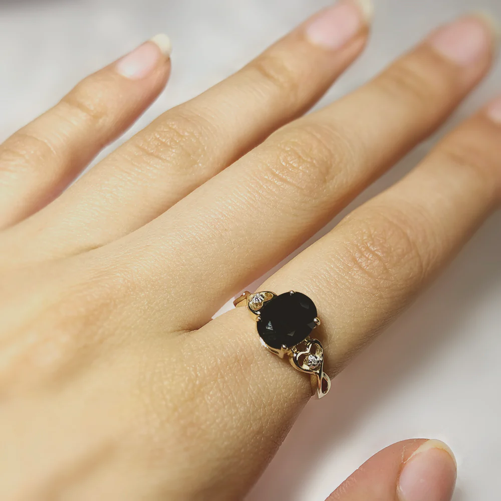 9ct Yellow Gold Natural Black Sapphire & Diamond Ring - Image 3