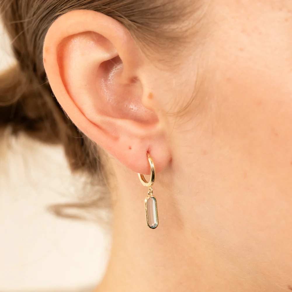 9ct Yellow Gold Natural Blue Topaz On Sleeper Hoop Earrings - Image 2