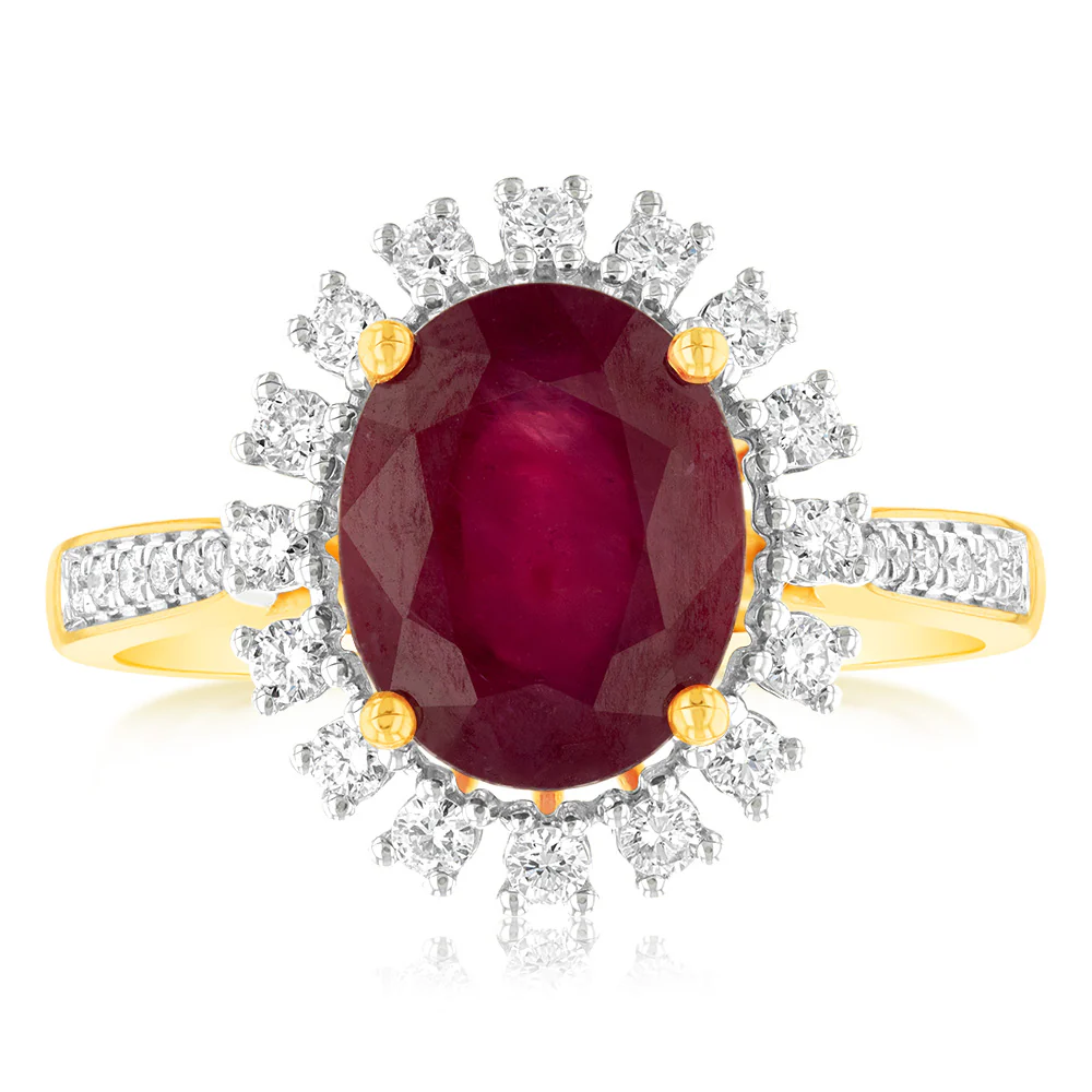 9ct Yellow Gold natural Enhanced 3 Carat Ruby Ring with 1/3 Carat of Diamonds