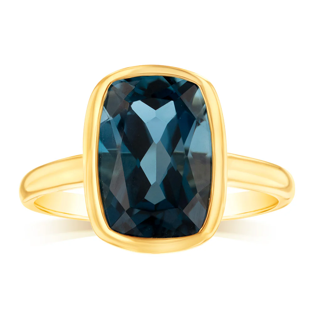 9ct Yellow Gold Natural London Blue Topaz Bezel Set Ring