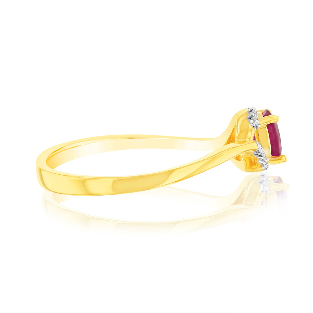 9ct Yellow Gold Natural Ruby 10Diamonds Ring - Image 2