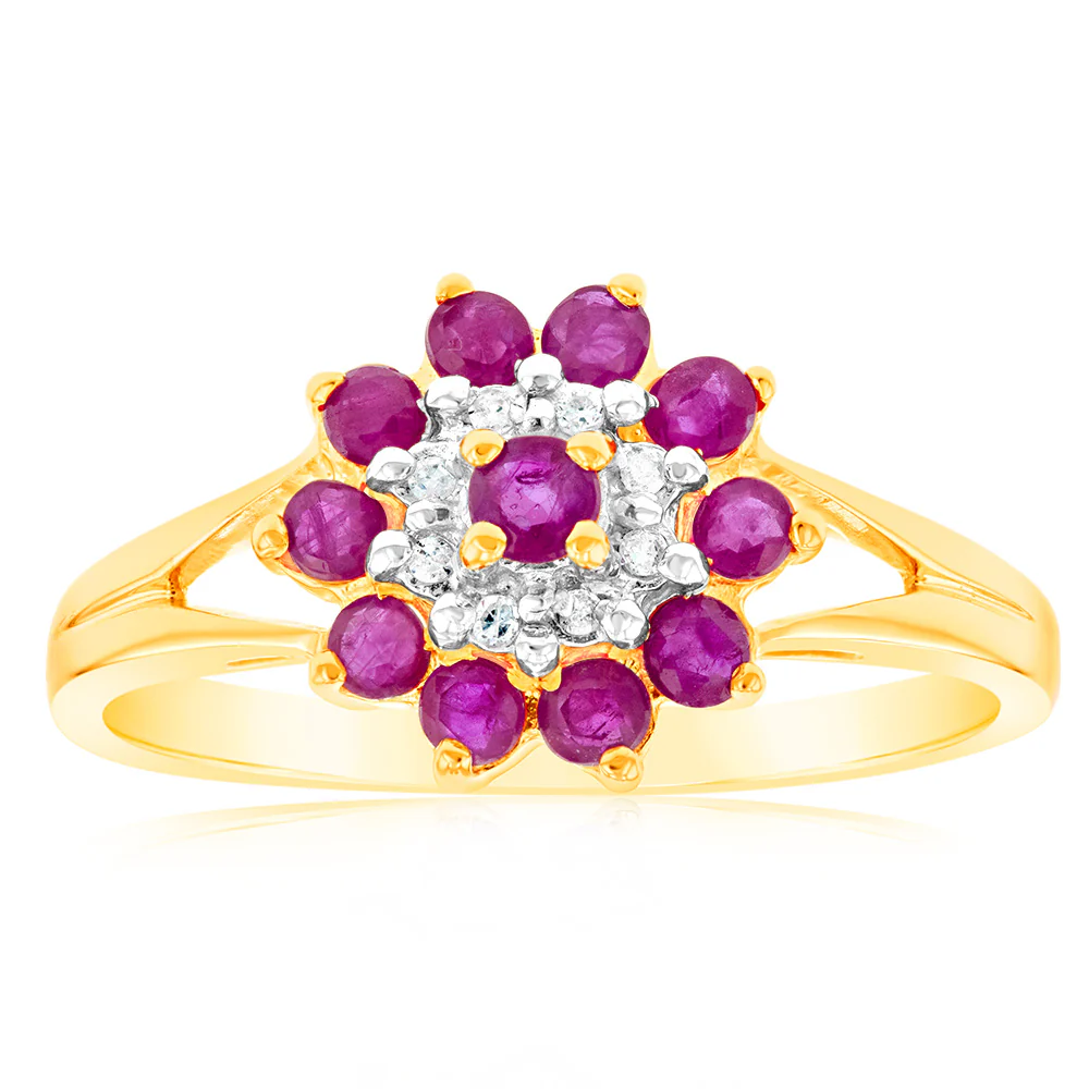 9ct Yellow Gold Natural Ruby and Diamond Cluster Ring