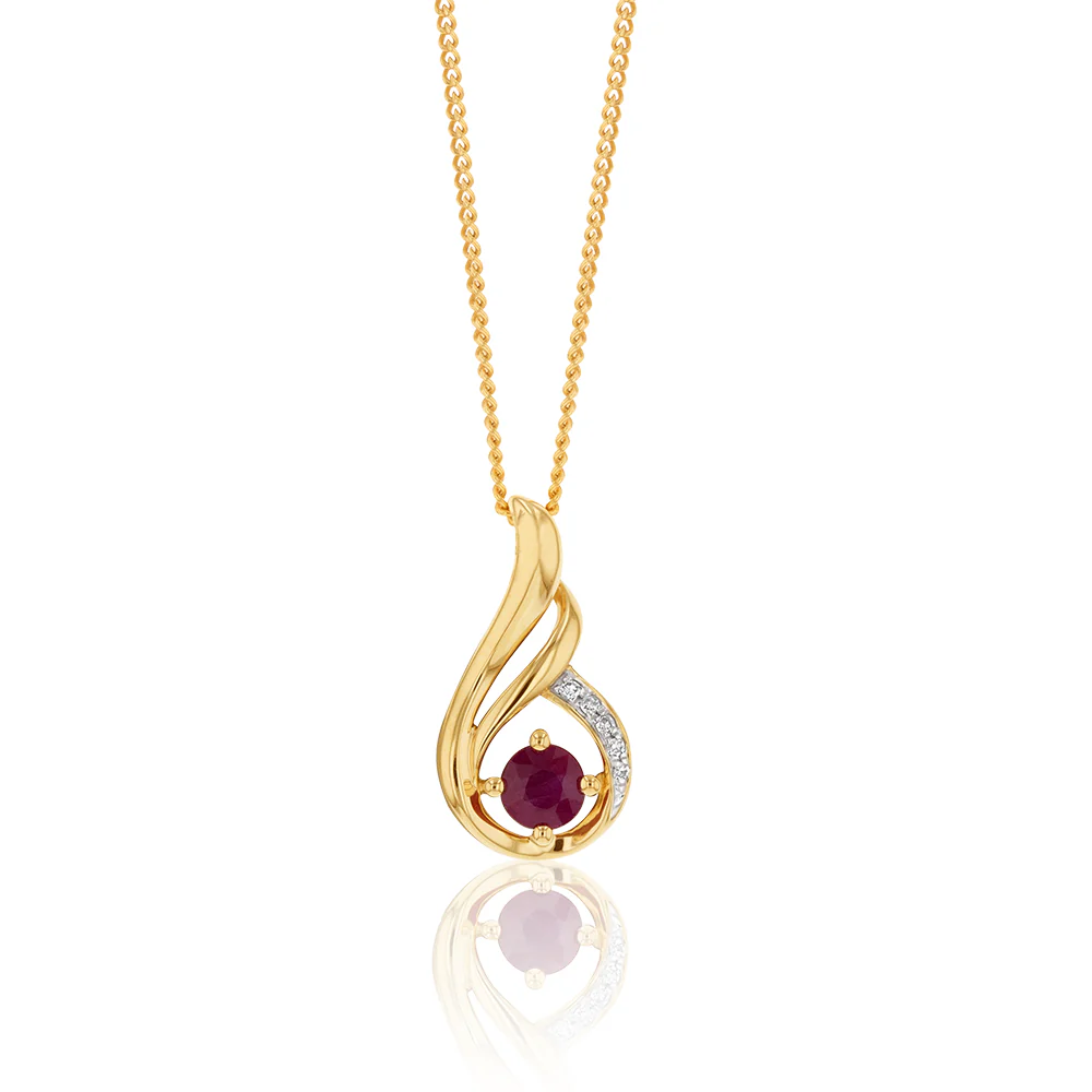 9ct Yellow Gold Natural Ruby and Diamond Swirl Pendant