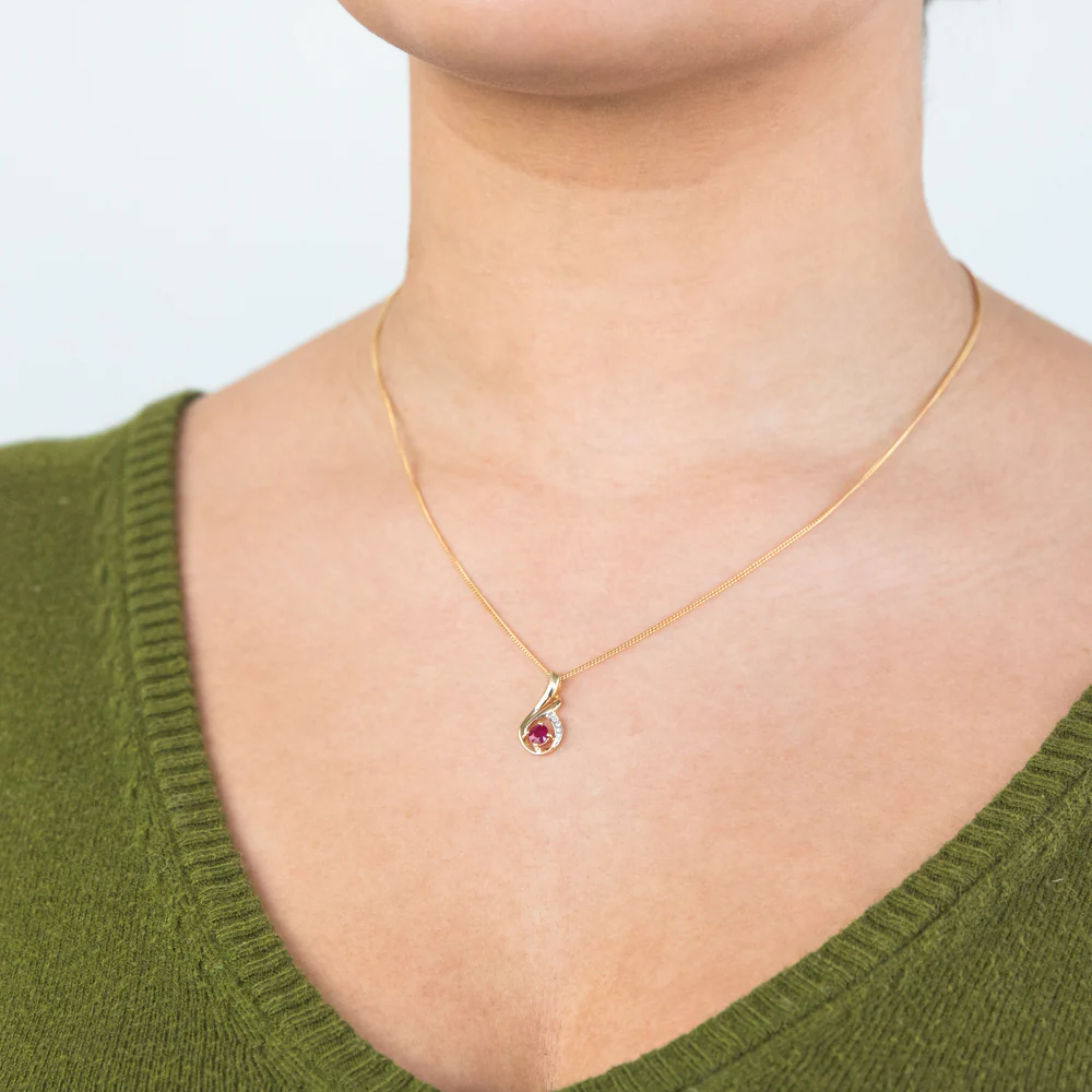 9ct Yellow Gold Natural Ruby and Diamond Swirl Pendant - Image 2