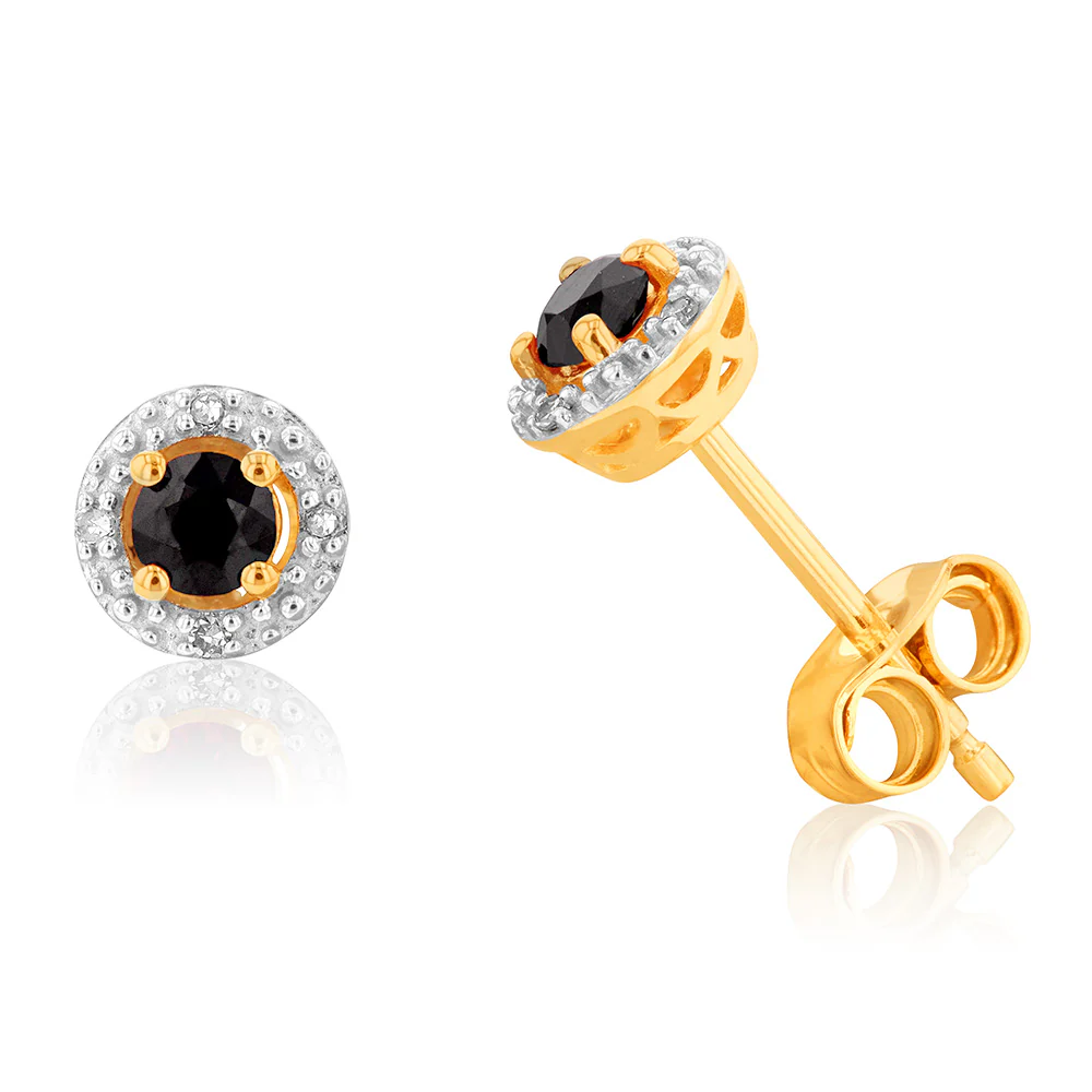 9ct Yellow Gold Natural Sapphire and Diamond Halo Stud Earrings