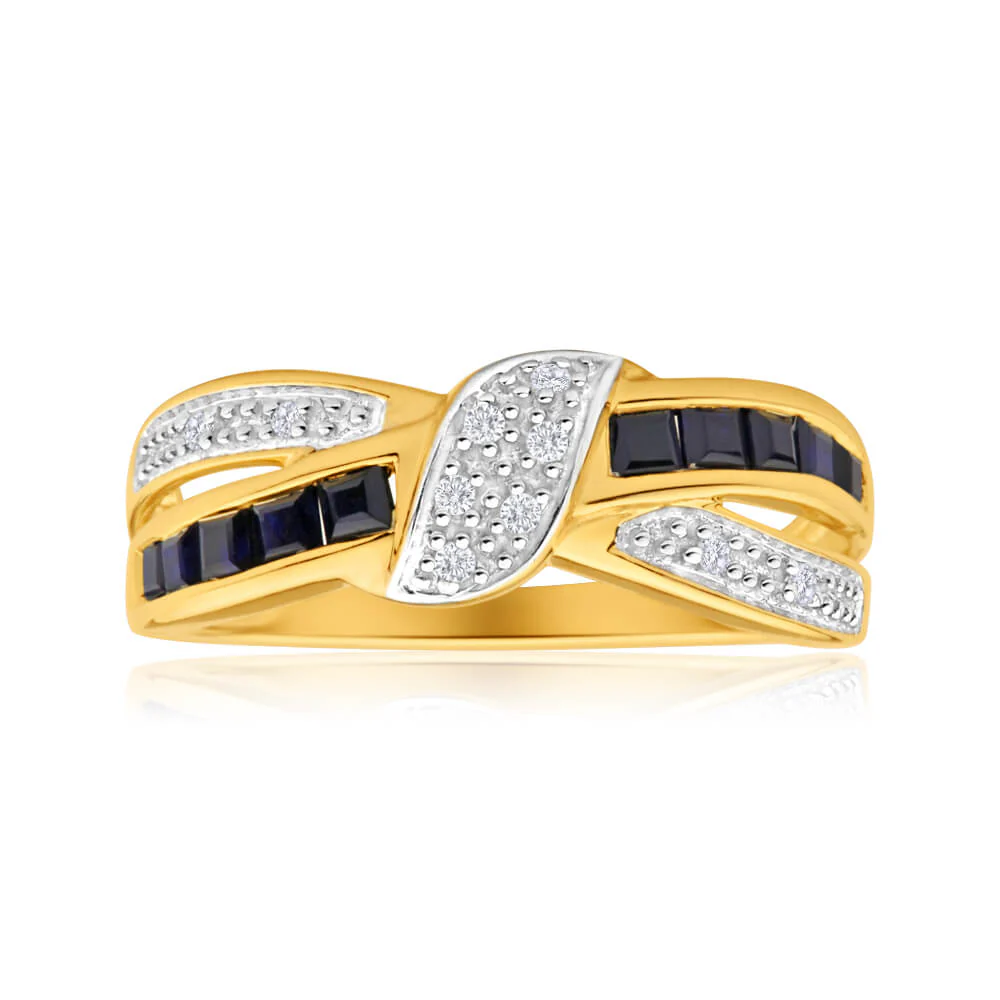 9ct Yellow Gold Natural Sapphire Diamond Crossover Ring