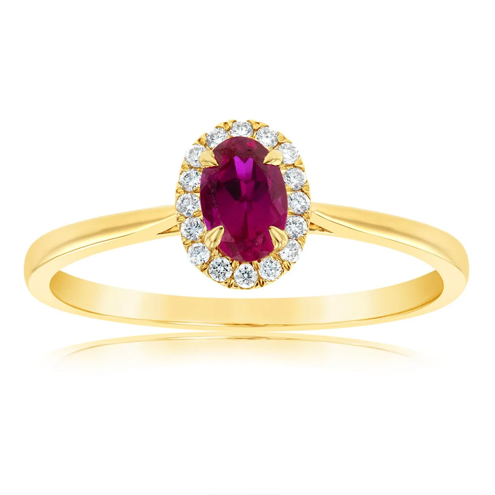9ct Yellow Gold Oval Created Ruby And Diamond Halo Ring