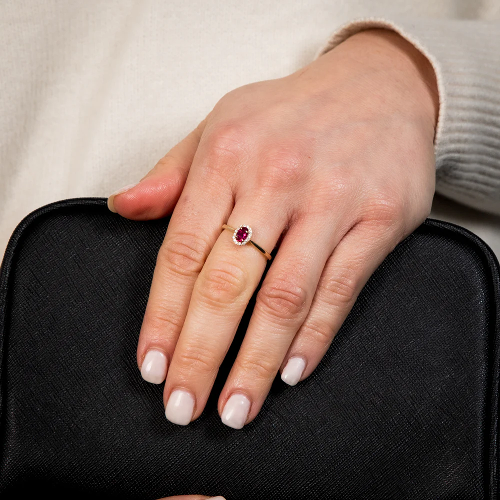 9ct Yellow Gold Oval Created Ruby And Diamond Halo Ring - Image 3