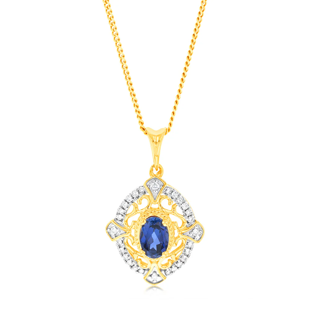 9ct Yellow Gold Oval Created Sapphire And Diamond Pendant