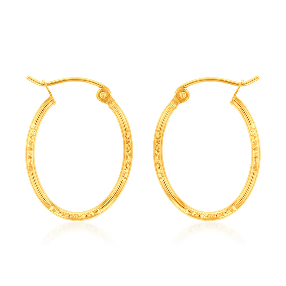 9ct Yellow Gold Oval Diamond Cut Lite Hoop Earrings