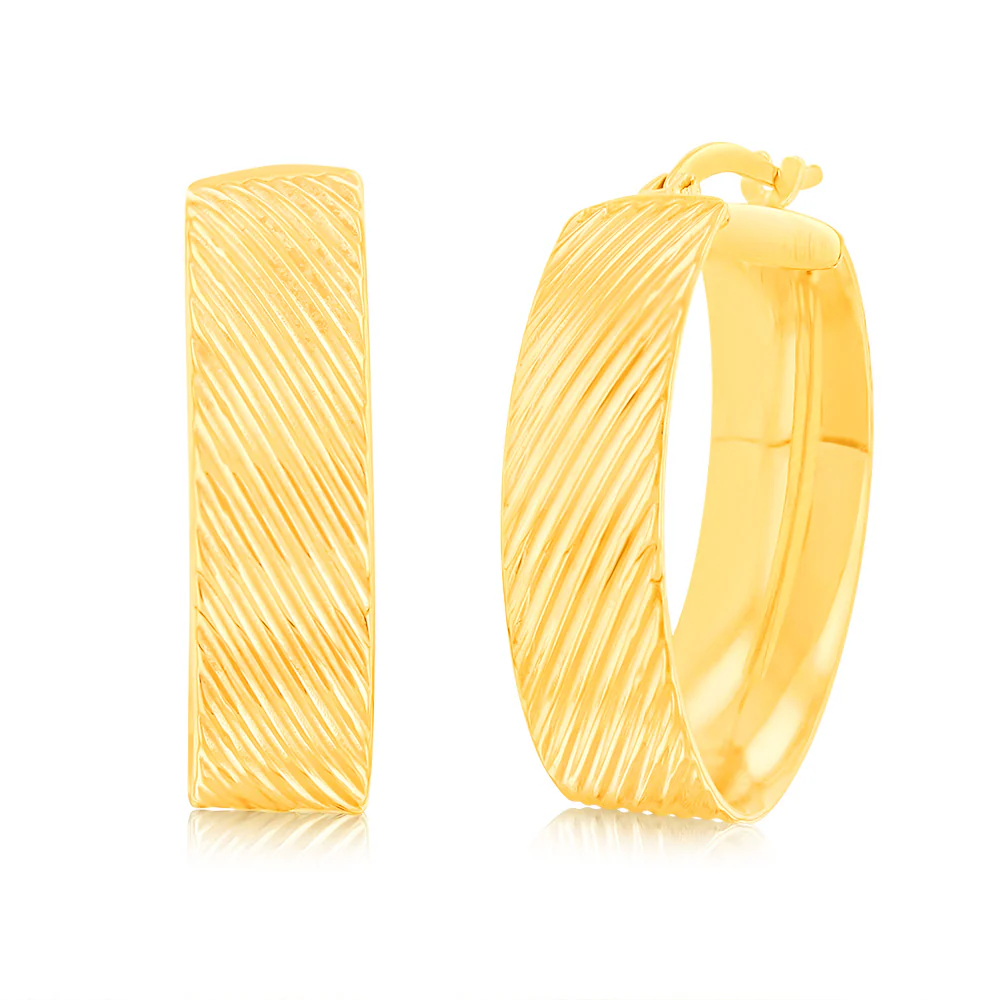 9ct Yellow Gold Oval Textured Broad hoop Earrings