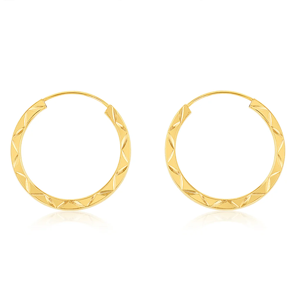 9ct Yellow Gold Patterned 16mm Sleeper Earrings