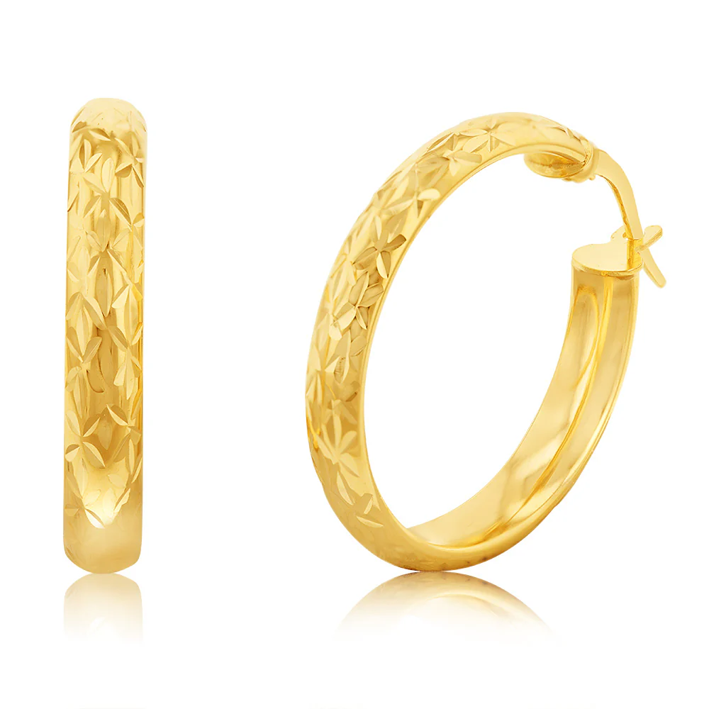 9ct Yellow Gold Patterned 20mm Hoop Earrings