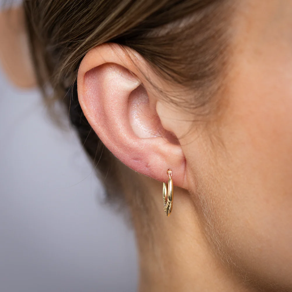 9ct Yellow Gold Patterned Creole Hoop Earrings - Image 2
