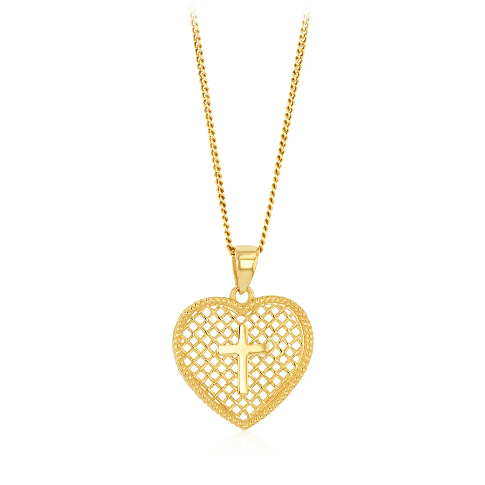 9ct Yellow Gold Patterned Heart Cross Pendant