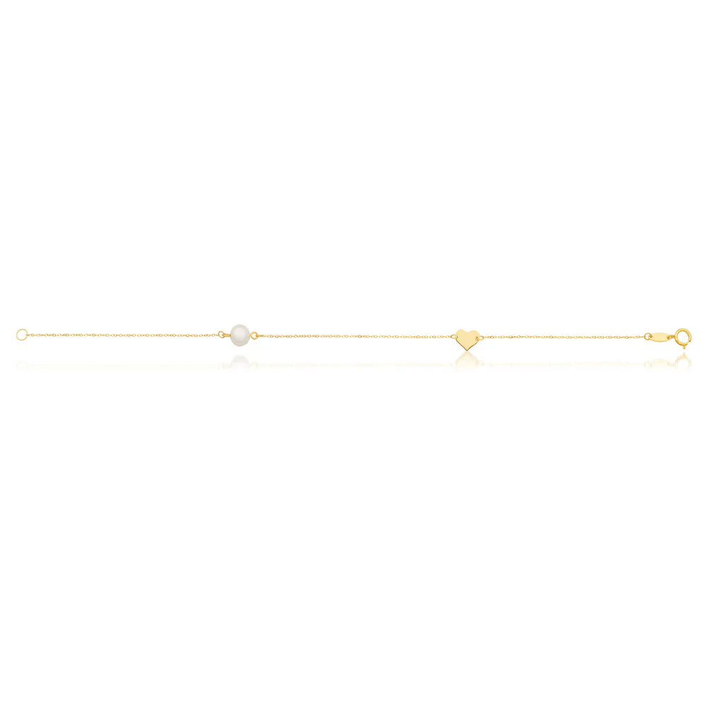 9ct Yellow Gold Pearl with Gold Heart Bracelet