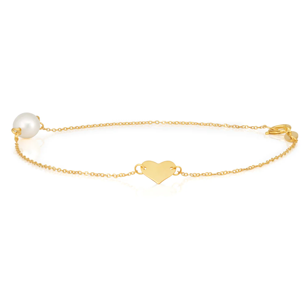9ct Yellow Gold Pearl with Gold Heart Bracelet - Image 2