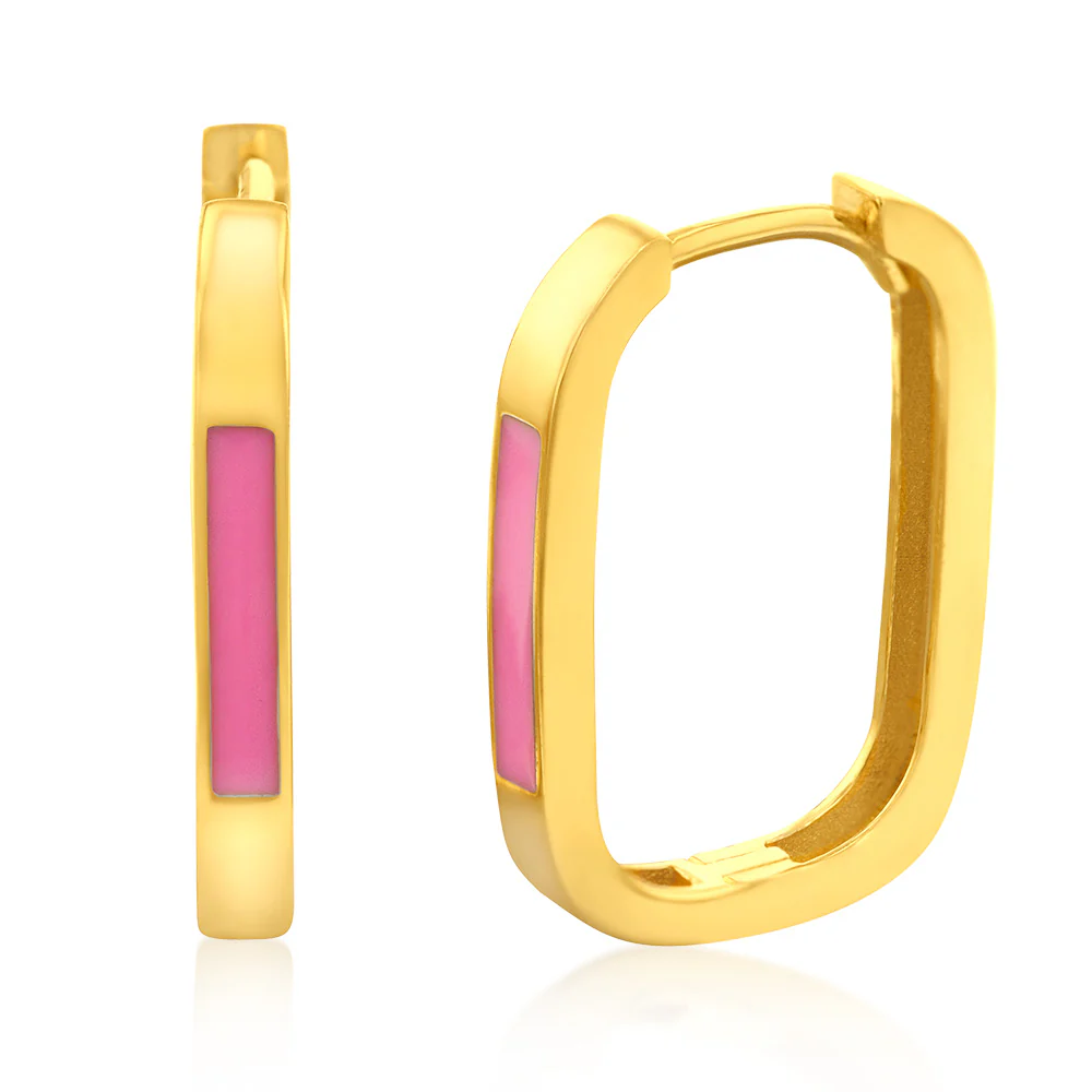 9ct Yellow Gold Pink Enamel On Square Hoop Earrings