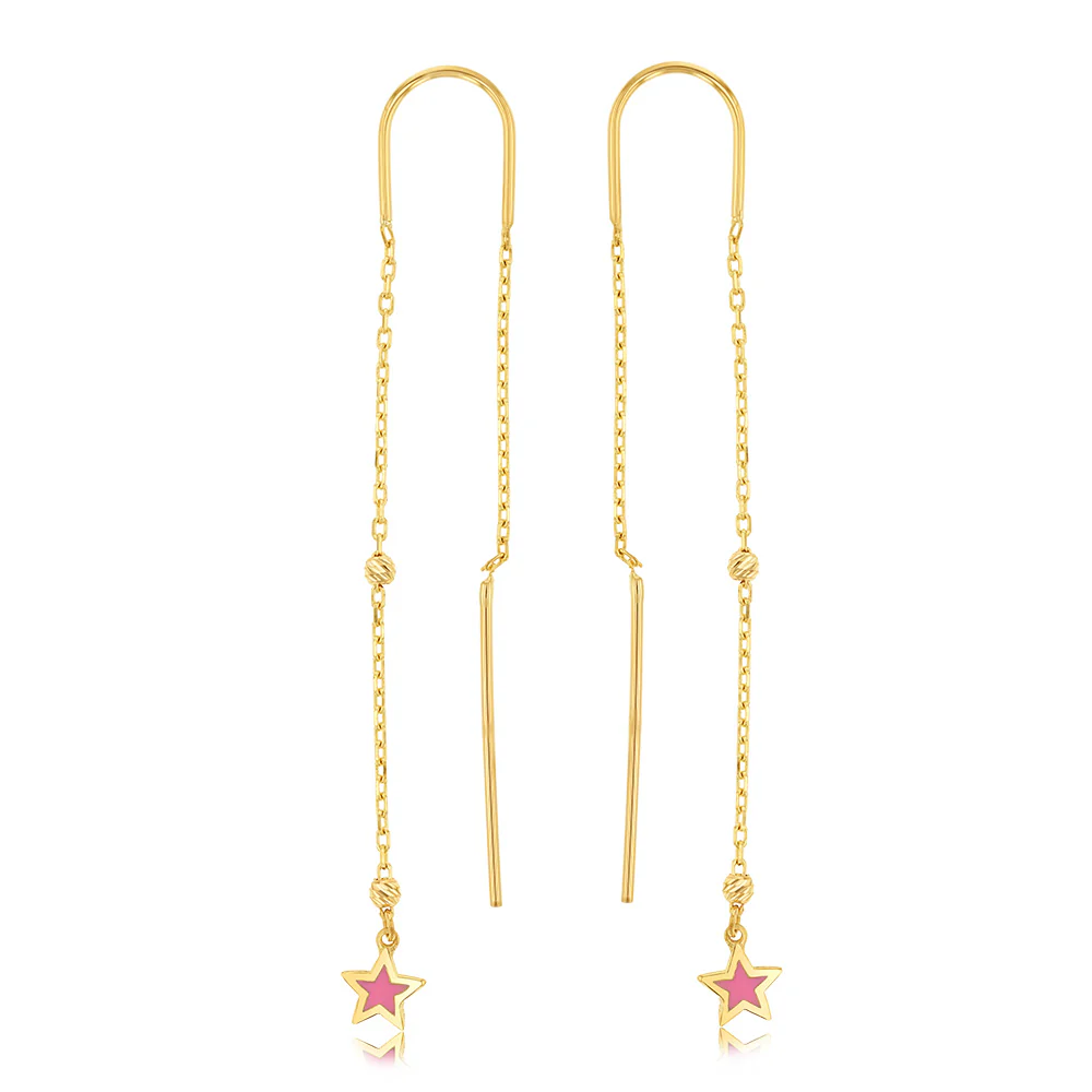 9ct Yellow Gold Pink Star Threader Earrings