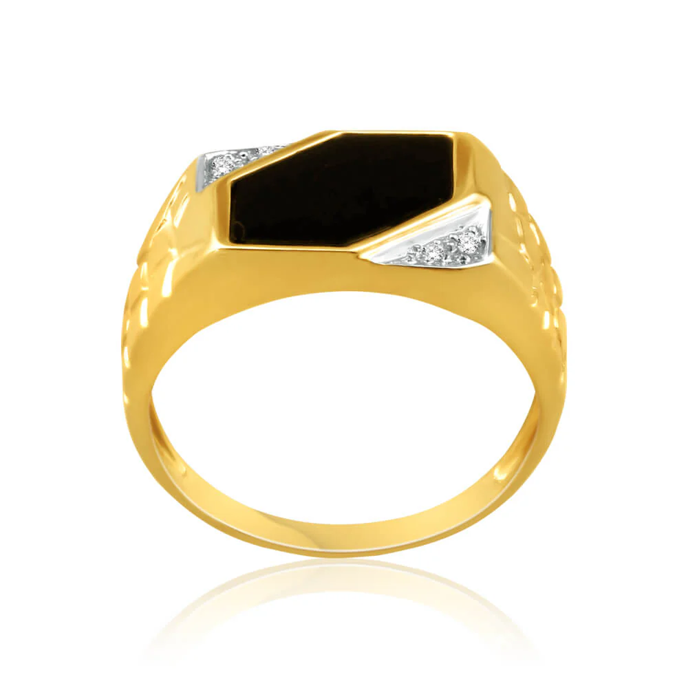 9ct Yellow Gold Plain Onyx and Diamond Patterned Side Gents Ring - Image 2