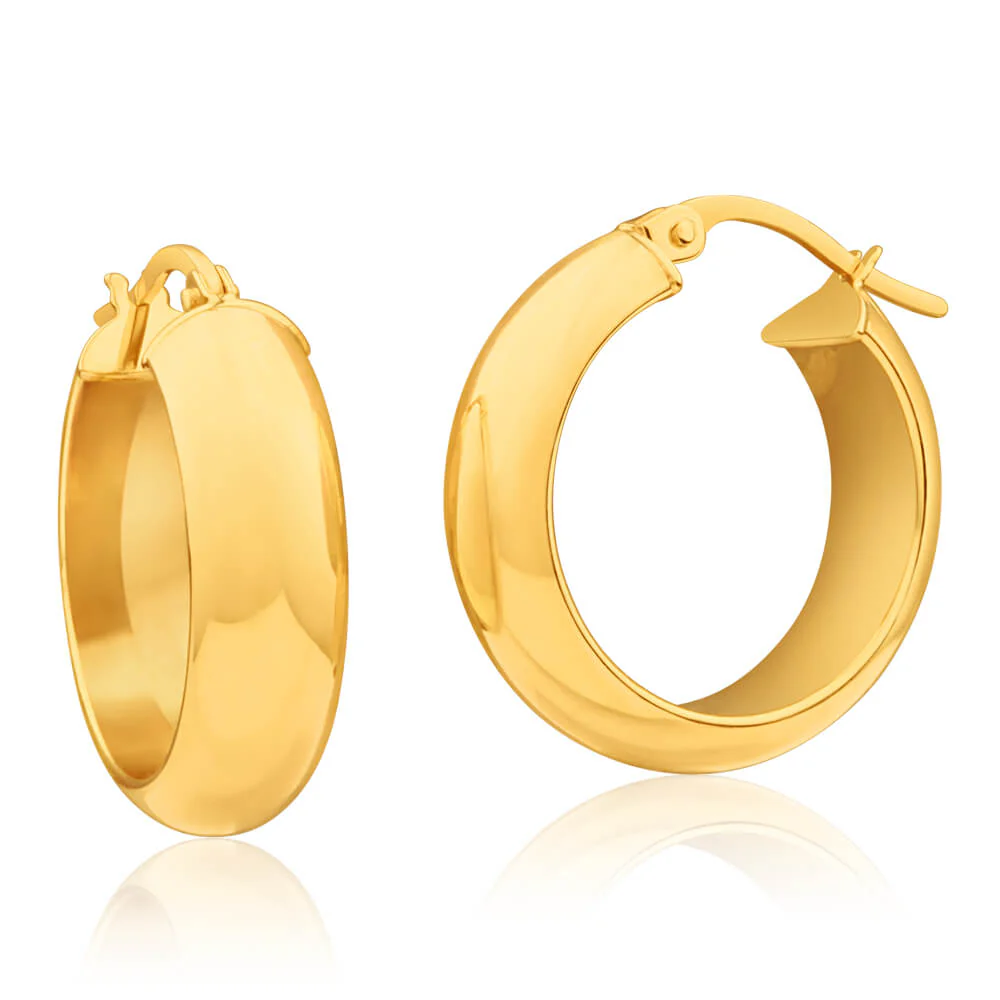 9ct Yellow Gold Plain Round 15mm Hoop Earrings