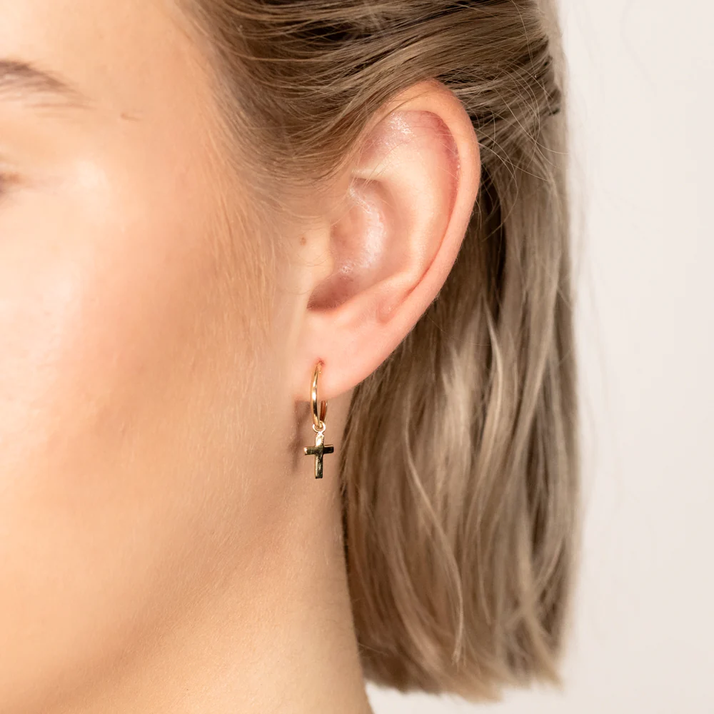 9ct Yellow Gold Polished Cross On 12mm Hoop Earrings - Image 2