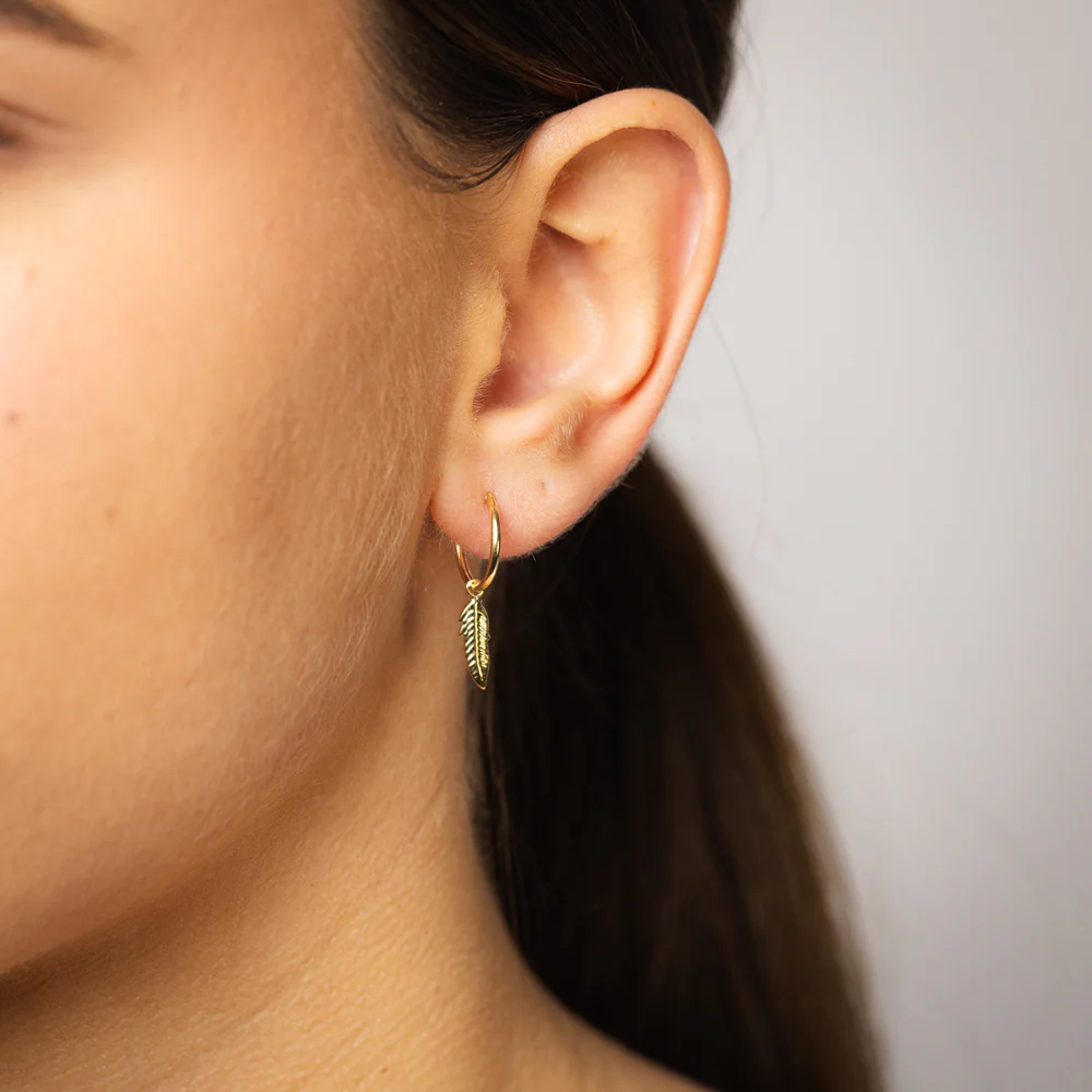 9ct Yellow Gold Polished Feather On 1.2 X12mm Hoop Earrings - Image 3