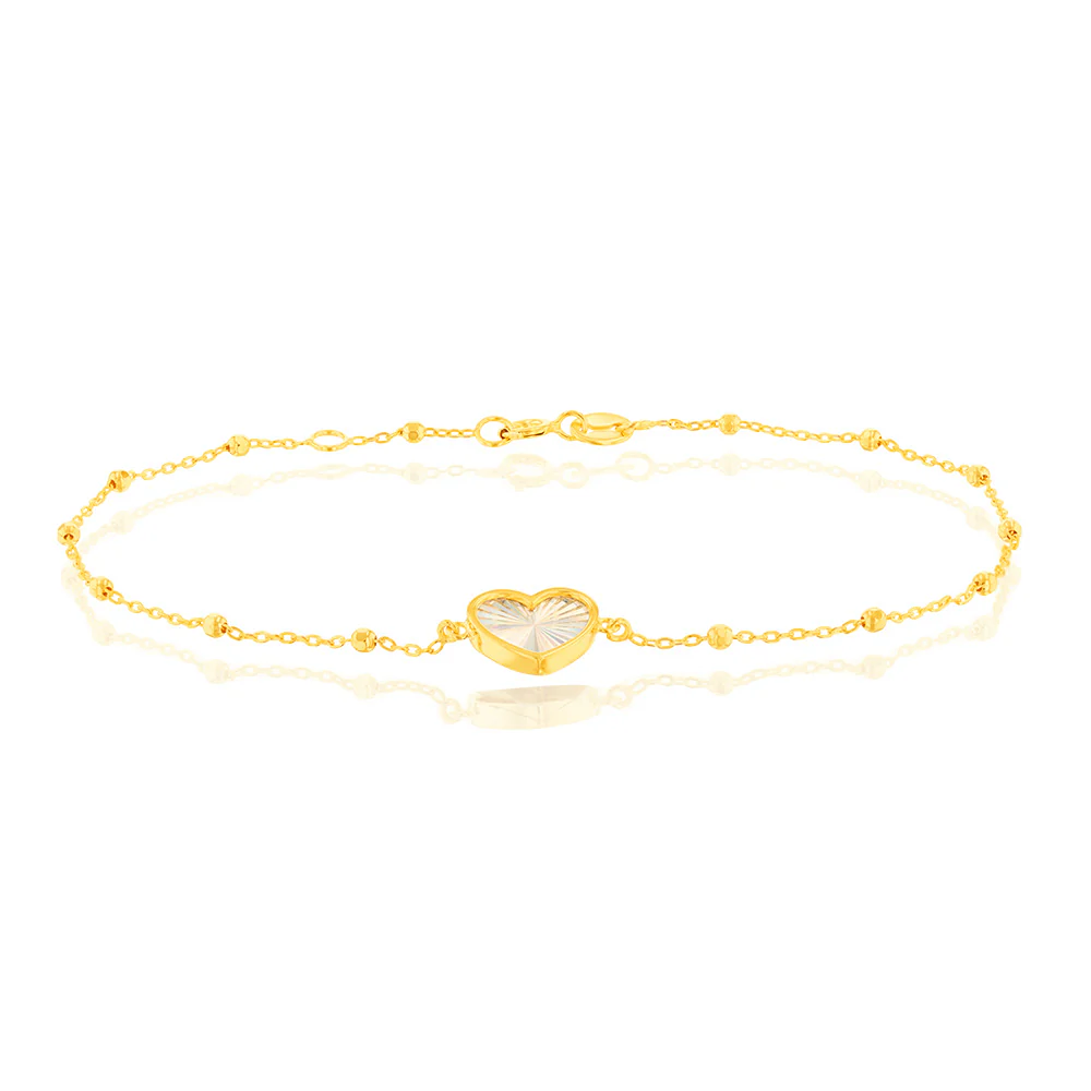 9ct Yellow Gold Rainbow Heart Trace And Ball 19cm Bracelet