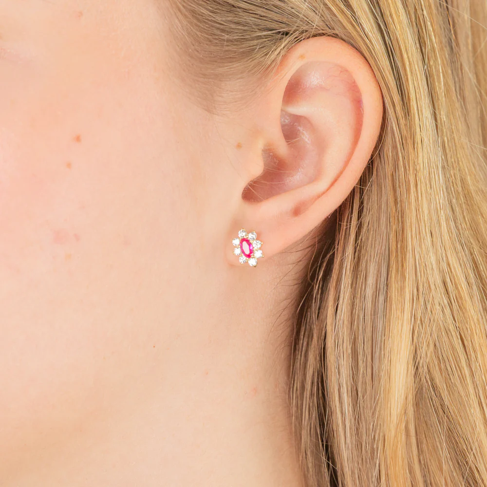 9ct Yellow Gold Red And White Cubic Zirconia Oval Stud Earrings - Image 2