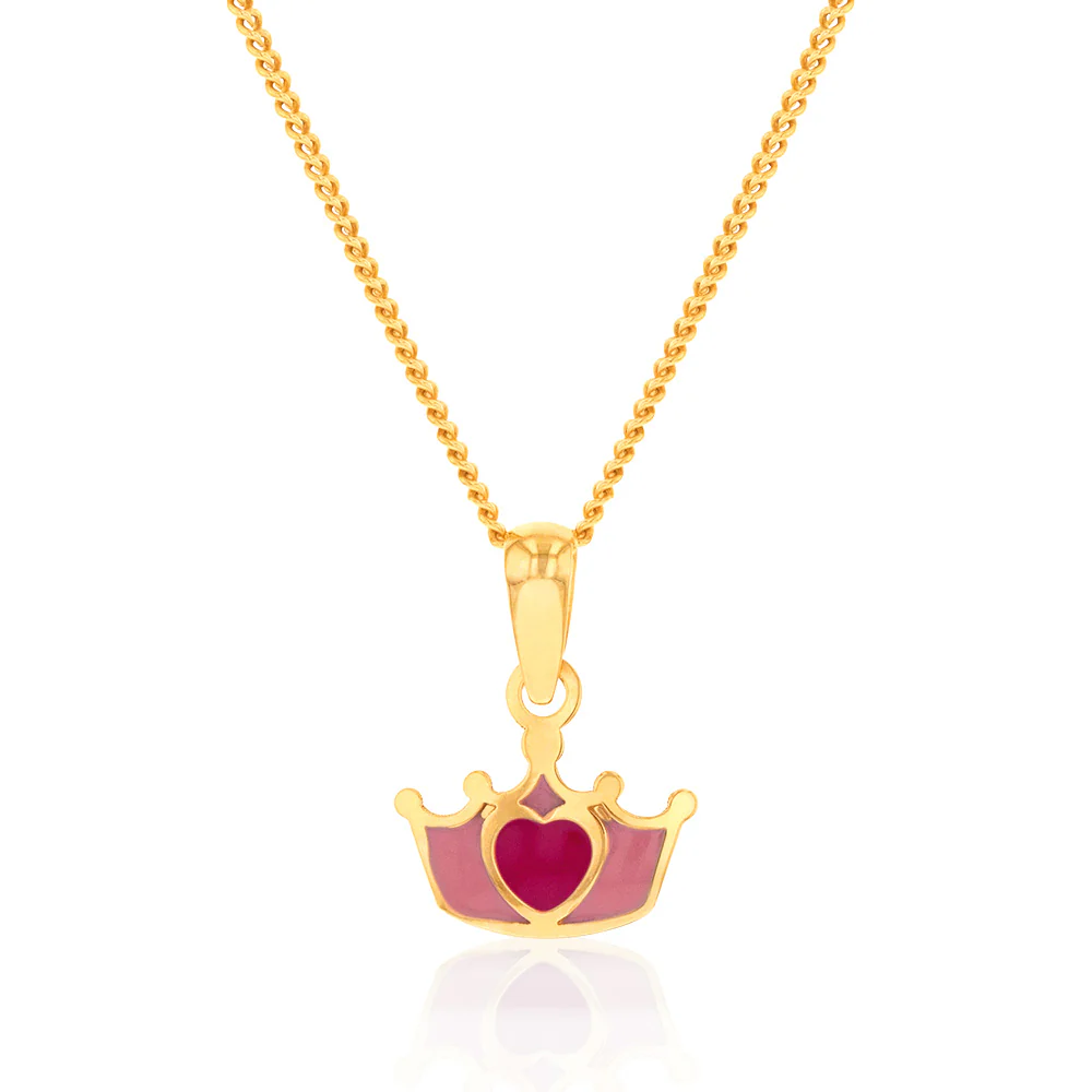 9ct Yellow Gold Red Heart On Crown Pendant