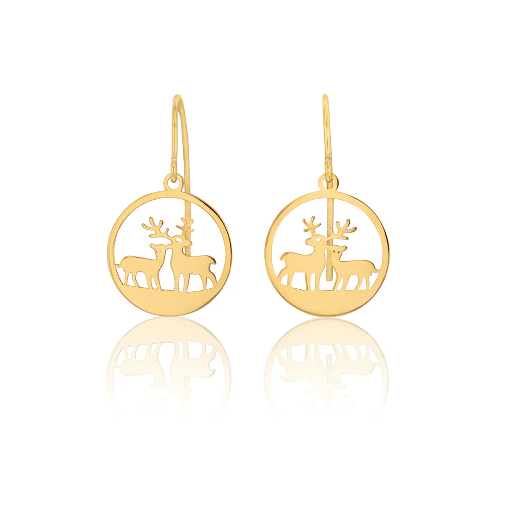 9ct Yellow Gold Reindeer Drop Earrings
