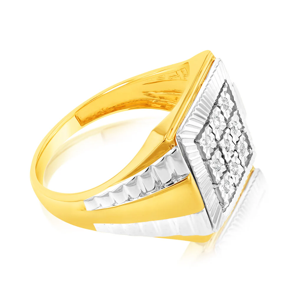 9ct Yellow Gold & Rhodium Set with 9 Brilliant Diamonds Gents Ring Set - Image 2