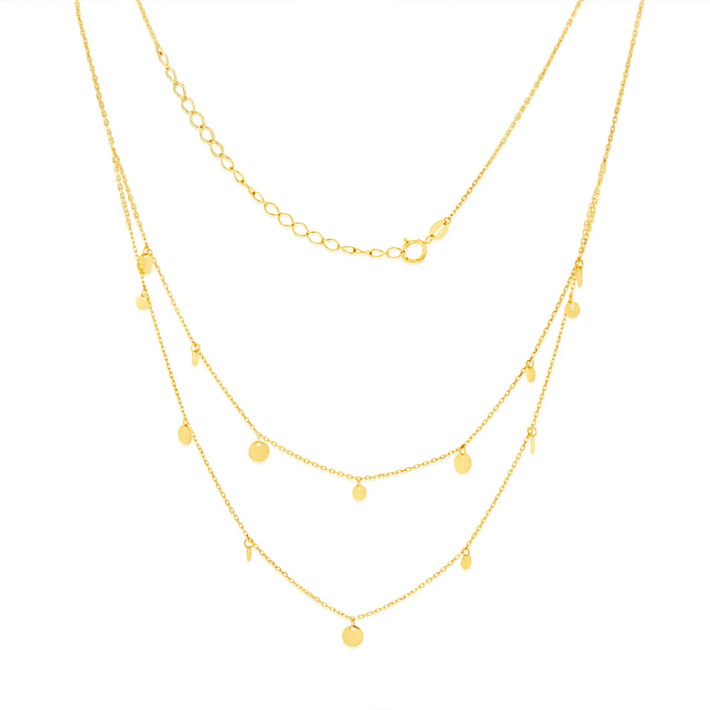 9ct Yellow Gold Round Disc Charms On Double 42cm Chain