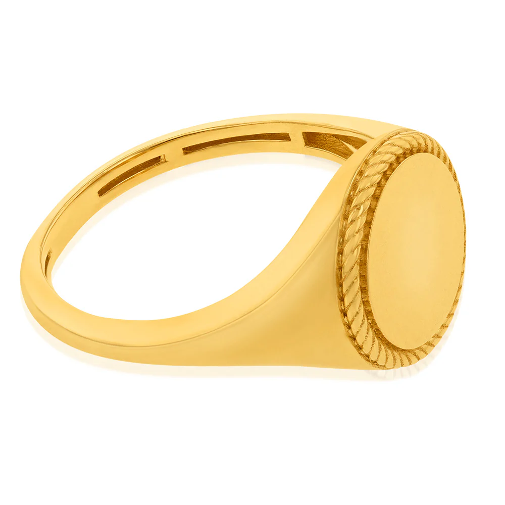 9ct Yellow Gold Round Rope Edge Signet Ring - Image 2