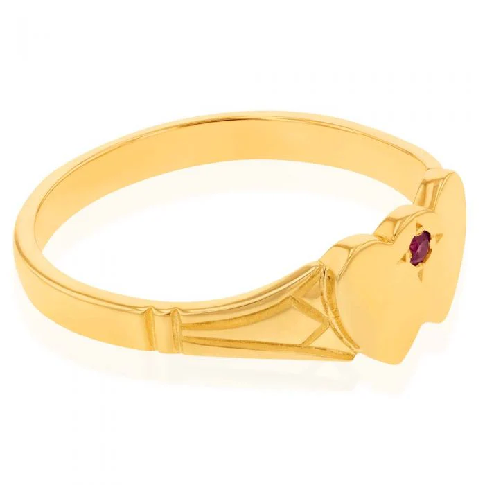 9ct Yellow Gold Ruby 2Heart Signet Ring Size H - Image 2