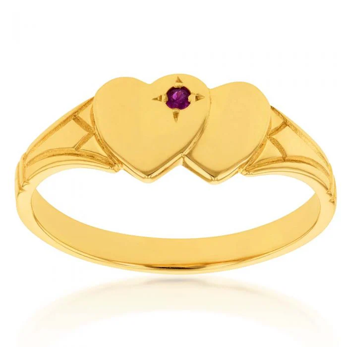 9ct Yellow Gold Ruby 2Heart Signet Ring Size L